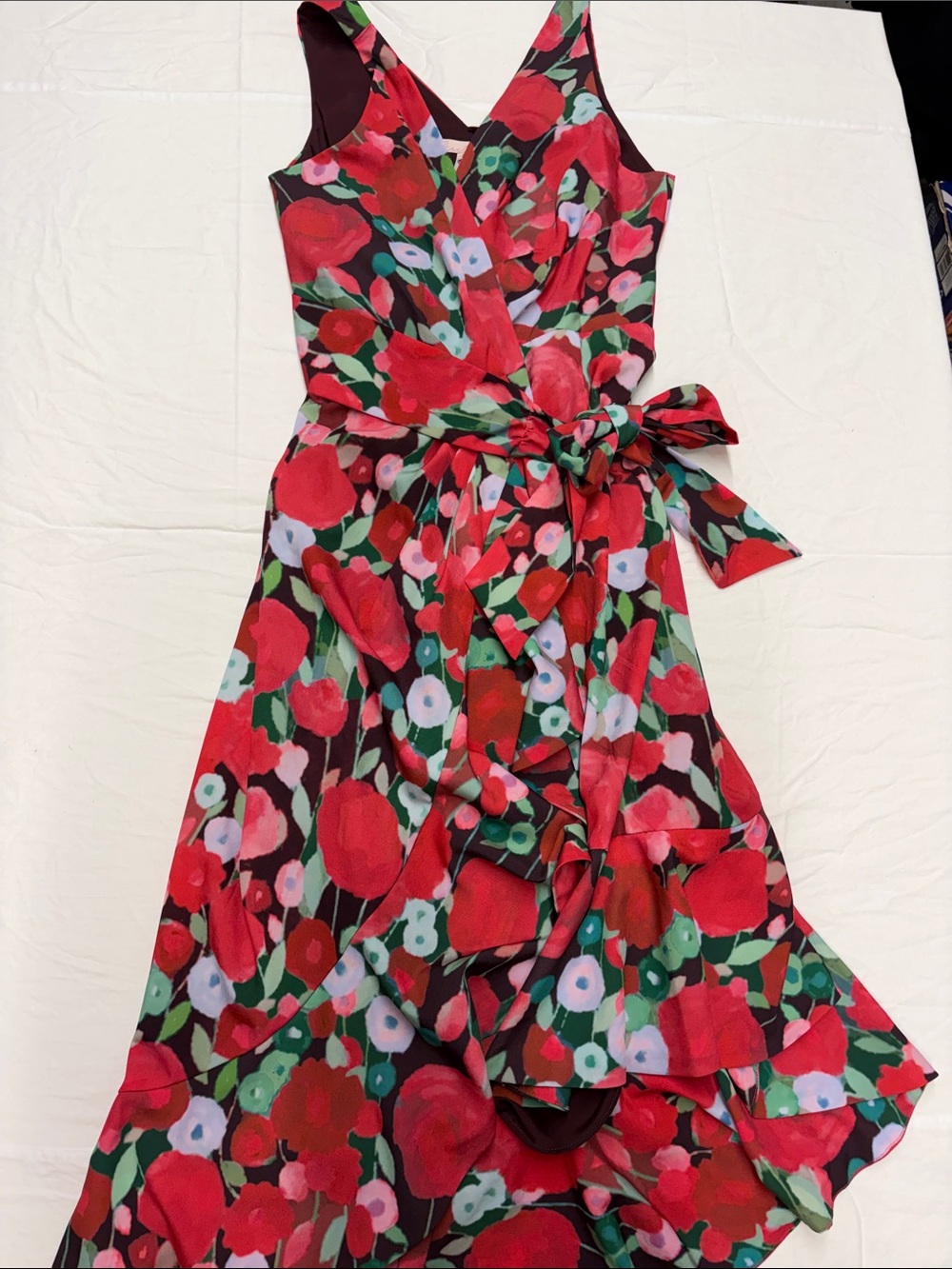 Anthropologie Hutch Red Floral Asymmetrical Wrap Dress with Green Accents NWT